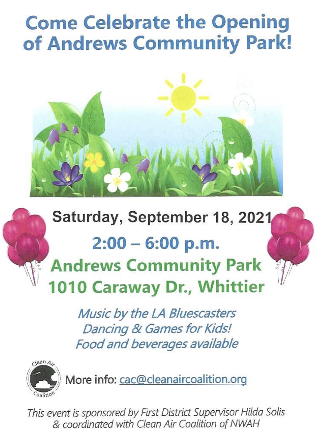 Andrews Community Park opening celebration flyer.