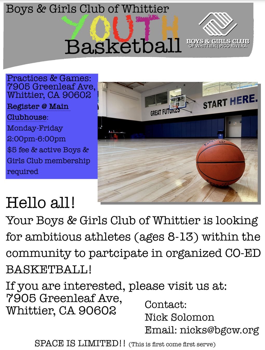 Girls and Boys of Whittier Basketball Flyer