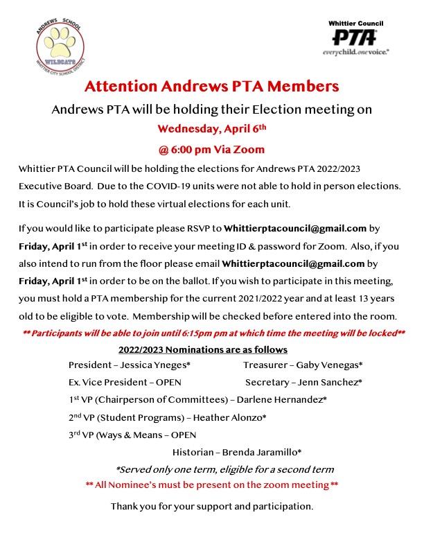 Andrews PTA will be holding their Election meeting.