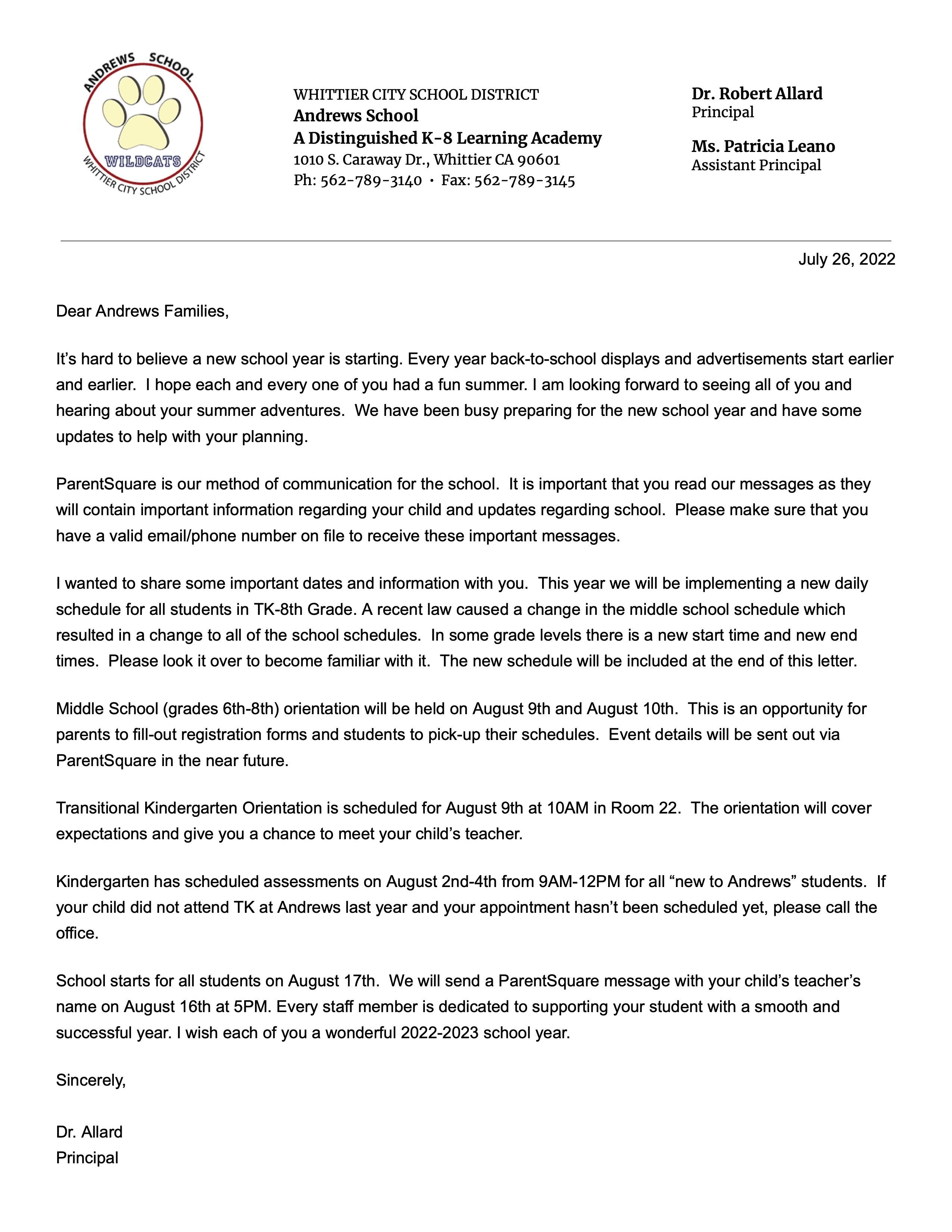 Principal's Message Letter