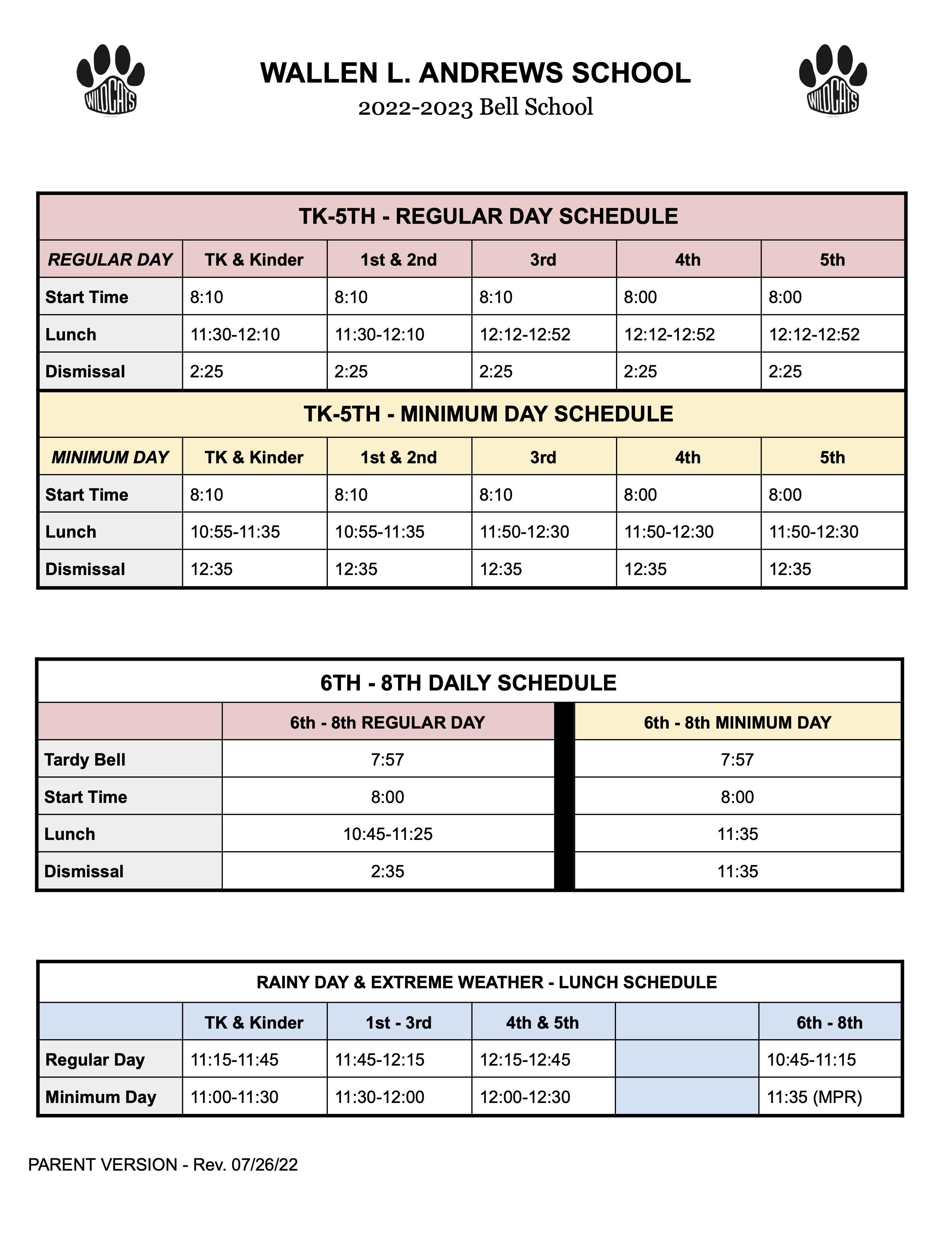 TK-8th Grade Daily Schedule
